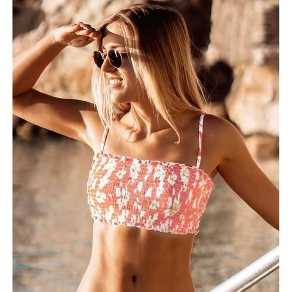 Cupshe Other - Cupshe Smocked Orange Floral Bandeau Bikini Bathing Suit Top Size Small